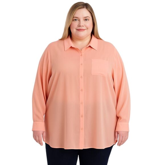 Bongo Plus Size 2X Coral Chiffon Sheer Tunic Back Ladder Cutout Long Sleeve - Picture 1 of 14